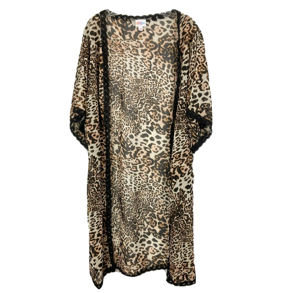 Lularoe Kimono Womens Sz S‎ Brown Black Leopard Chloe Bohemian Overlay Lace Trim